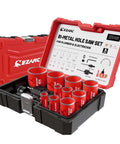 Front view of EZARC Bi-Metal Hole Saw Set, 16-piece in red case with mandrels and drill bits