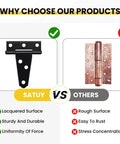 Comparison chart of 8 Pcs T Strap Gate Hinges Heavy Duty 2 Inch Black Iron Tee Shed Hinges vs rusted hinge, showing features