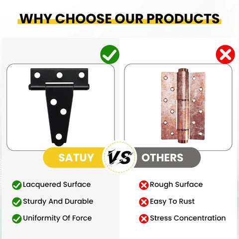 Comparison chart of 8 Pcs T Strap Gate Hinges Heavy Duty 2 Inch Black Iron Tee Shed Hinges vs rusted hinge, showing features
