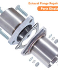 Heavy Duty Plugs Right In 3 Bolt Exhaust Flange Repair Kit With Gaskets Bolts And Mounting Hardware Universal 1.75 Inch Stainless Steel Vehicle Pipe Connector Quick Fix parts display with bolts and gasket.