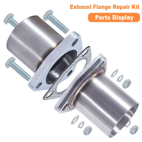 Heavy Duty Plugs Right In 3 Bolt Exhaust Flange Repair Kit With Gaskets Bolts And Mounting Hardware Universal 1.75 Inch Stainless Steel Vehicle Pipe Connector Quick Fix parts display with bolts and gasket.