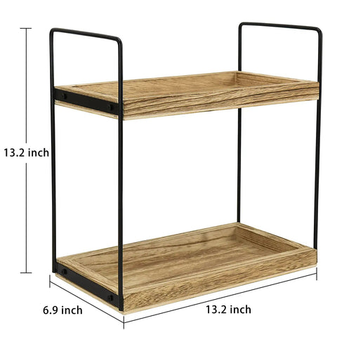 Two Tier Bathroom Organizer For Countertop And Vanity, Wooden Double Tray Shelf For Kitchen Spices and Everyday Stuff