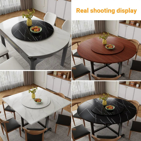 Solid Oak Wooden Rotating Serving Tray For Dining Table 23 Inch Round Spin Lazy Susan Style showcased on various tables.