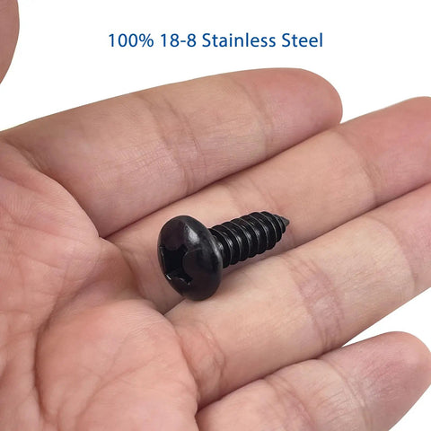 Sturdy Black License Plate Screws Kit For Cars And SUVs, 18 8 Stainless Steel, Number Three Phillips Pan Head screw on hand