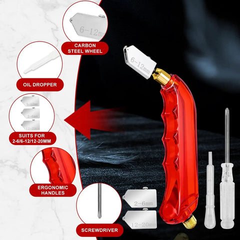 13 Piece Glass Cutter Tool Set With Nippers, Running Pliers, Breaking Pliers, focus on red ergonomic handle glass cutter