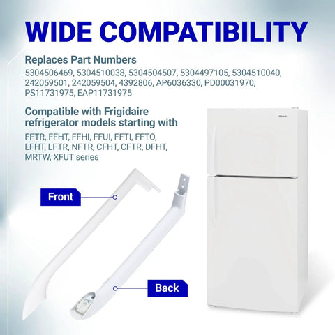 Replacement Refrigerator Door Handle Set For Frigidaire Freezers, Compatible With 5304486359 5304506469, shown in front and back view