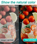 Comparison of halogen and LED lighting on a tomato and lemon lemonade, showcasing 8 Pack E12 Ceiling Fan Light Bulbs 60W Equivalent LED A15 4000K Natural Daylight Small Base Candelabra Bulbs 120V Non Dimmable For Ceiling Fans Chandeliers Pendant Lights