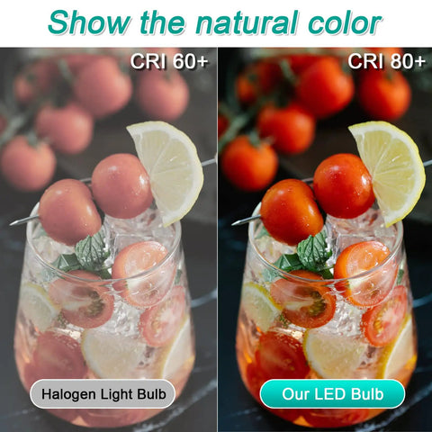 Comparison of halogen and LED lighting on a tomato and lemon lemonade, showcasing 8 Pack E12 Ceiling Fan Light Bulbs 60W Equivalent LED A15 4000K Natural Daylight Small Base Candelabra Bulbs 120V Non Dimmable For Ceiling Fans Chandeliers Pendant Lights