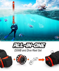 Top Notch High Visibility Surface Marker Buoy With 100ft Dive Reel For Scuba, diver with SMB above, and dive set components