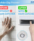 Large White Shower Hair Catcher With Flexible Silicone Bristles Works As Ultimate Drain Protector For Bathrooms Kills Clogs Dead Cold Keeps Pipes Sleek No More Costly Plumber Runs Or Sticky Gunk before and after images showing hair caught vs with hair catcher.