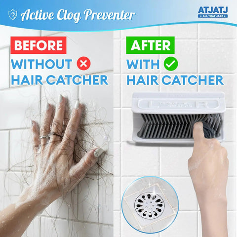 Large White Shower Hair Catcher With Flexible Silicone Bristles Works As Ultimate Drain Protector For Bathrooms Kills Clogs Dead Cold Keeps Pipes Sleek No More Costly Plumber Runs Or Sticky Gunk before and after images showing hair caught vs with hair catcher.