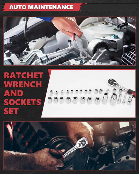 Ultimate 286 Piece Home And Auto Repair Tool Set with chrome ratchet wrench and sockets for auto maintenance use.
