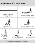 FastTrack 24 Piece Garage Wall Mounted Storage Kit With 6 Rails And 18 Hooks showing all components and hooks included