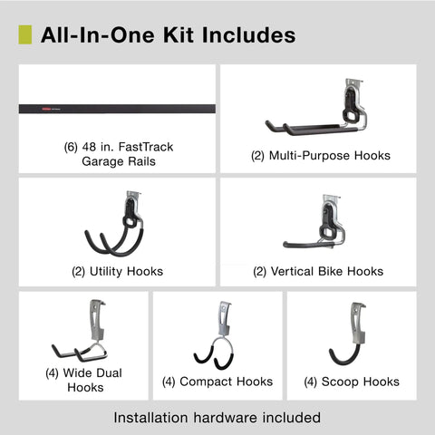 FastTrack 24 Piece Garage Wall Mounted Storage Kit With 6 Rails And 18 Hooks showing all components and hooks included