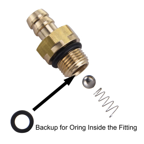 Brass pressure washer chemical injector fitting with O-ring, ball, and compression spring