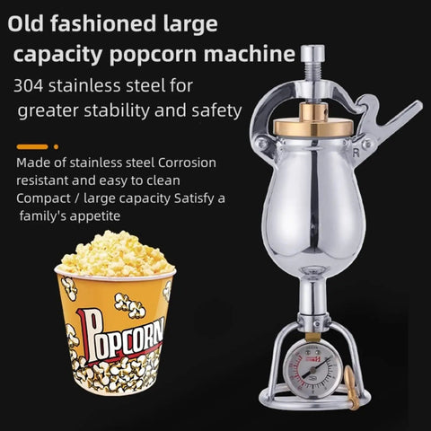 Old School Hand Crank Popcorn Cannon With Precision Pressure Gauge And Base, 1000ml Capacity, Vintage Style Popcorn Maker