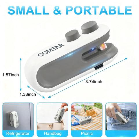 2 In 1 Bag Sealer With Cutter And Magnet, Rechargeable Vacuum Seal Machine for portability in white, dimensions shown