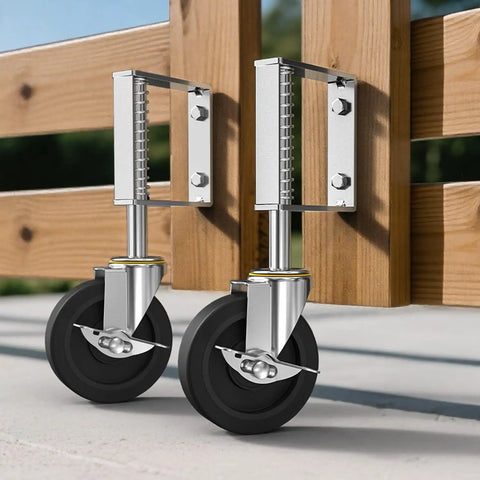 Two Pack Spring Loaded Gate Casters, 4 Inch Adjustable Wheel With Brake, Heavy Duty Gate Wheel Load Capacity 220 Lbs shown on gate
