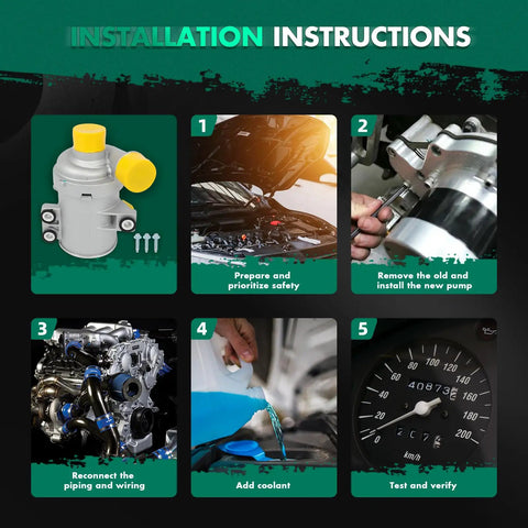 Installation instructions for Performance Auxiliary Water Pump 11518635089 with images of steps and pump.