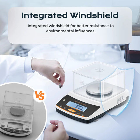 Lab Analytical Balance 500 G Capacity With 0.001 G Precision Digital Scale, featuring integrated windshield on lab bench