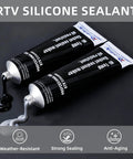 Gasket Maker Silicone Sealant for High Temperature RTV Black 3.53 Oz tubes, black and gray sealant flowing out, heavy duty.