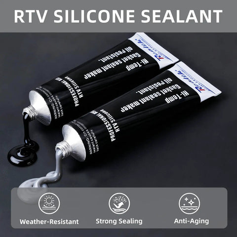 Gasket Maker Silicone Sealant for High Temperature RTV Black 3.53 Oz tubes, black and gray sealant flowing out, heavy duty.