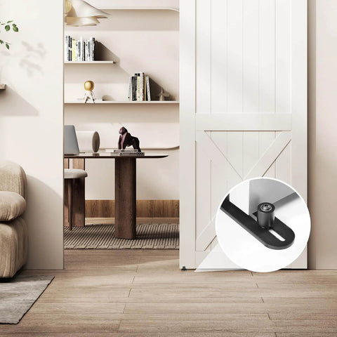 Matte Black Barn Door Floor Guide With Flush Bottom Design, Adjustable Wall Mounted Roller, Rust Resistant Iron, Installed View