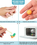 Instructions for using the 50 Color Polymer Clay Set For Kids And Artists shown with clay, washing hands, shaping, and baking steps.