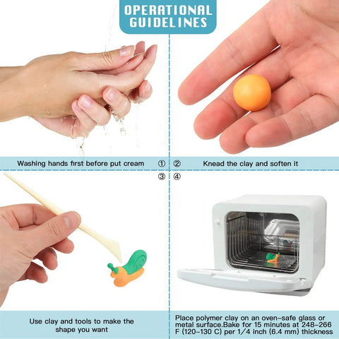 Instructions for using the 50 Color Polymer Clay Set For Kids And Artists shown with clay, washing hands, shaping, and baking steps.