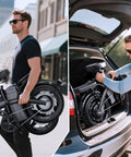 City Slicker Foldable Electric Bike For Adults And Commuters With 500W Motor And 25 MPH Top Speed 48V 12Ah Battery Delivers About 35 Mile Range Handles 30 Degree Hills Three Level Pedal Assist 14 Inch Wheels Dual Disc Brakes UL 2849 Certified folded and loaded in SUV trunk