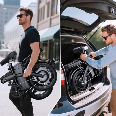 City Slicker Foldable Electric Bike For Adults And Commuters With 500W Motor And 25 MPH Top Speed 48V 12Ah Battery Delivers About 35 Mile Range Handles 30 Degree Hills Three Level Pedal Assist 14 Inch Wheels Dual Disc Brakes UL 2849 Certified folded and loaded in SUV trunk