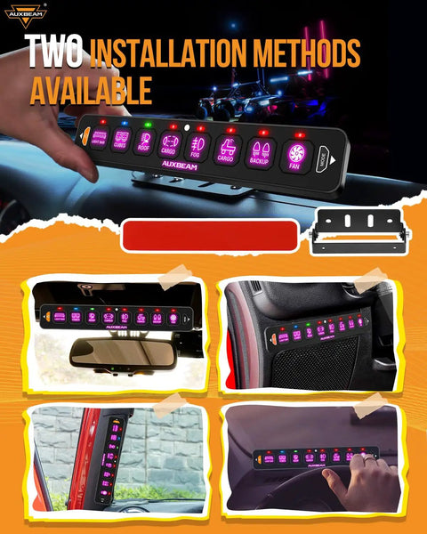 Eight Gang Slim Switch Panel With Auto Dimming RGB Backlight installed in various vehicles
