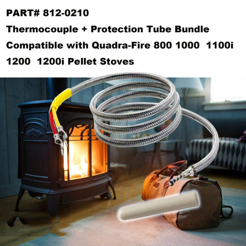 Thermocouple and protection tube bundle with stainless braided shields and clamps for Quadra-Fire 800–1200 pellet stoves.