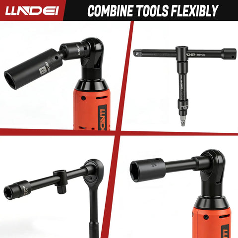 Beefed Up Pro Grade Three Eighths Inch Cordless Electric Ratchet Wrench Kit With Fifty Two Piece Socket Set Including Metric Sockets E Torx Bits Hex Bits Universal Joint Extensions Sliding T Handle And Case For Auto Repair And DIY, orange handle with black sockets