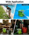 Automatic Pool Cover Pump One Quarter HP Submersible Sump Pump With 1800 GPH Twenty Five Feet Head Three Quarter Inch Check Valve Adapter Twenty Five Foot Power Cord Auto On Off Water Removal For Pools Rooftops Basements Must Have shown in different applications: pool, rooftop, basement, flooded house.