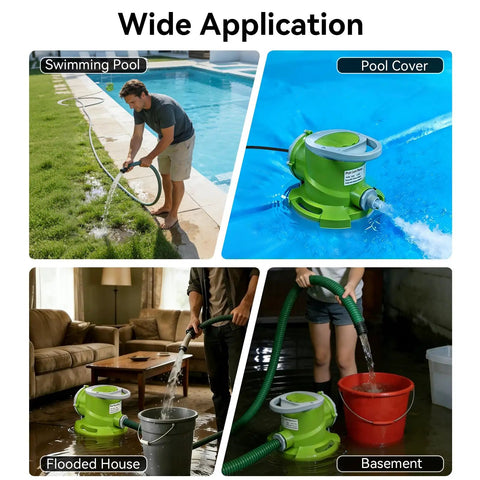 Automatic Pool Cover Pump One Quarter HP Submersible Sump Pump With 1800 GPH Twenty Five Feet Head Three Quarter Inch Check Valve Adapter Twenty Five Foot Power Cord Auto On Off Water Removal For Pools Rooftops Basements Must Have shown in different applications: pool, rooftop, basement, flooded house.