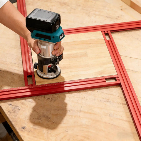 Heavy Duty Adjustable Router Jig For Cutting Boards with red aluminum frame and router in use on a wooden surface.