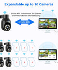 Wireless security system showing monitor, 5MP cameras, and 2.4GHz WiFi from All In One Wireless Security Camera System With 15 Inch LCD Monitor, 16 Channel NVR, Four 5MP Outdoor PTZ Cameras, 3TB HDD, Two Way Audio, Color Night Vision, Motion Alerts, No Fuss Plug And Play 2.4G And 5G WiFi.