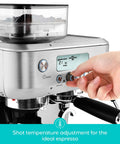 Daily Grind Premium Stainless Steel Espresso Machine With Reliable Built In Grinder And Manual Steam Wand For Killer Lattes and Effortless Morning Rituals At Home, showing controls and bean reservoir.