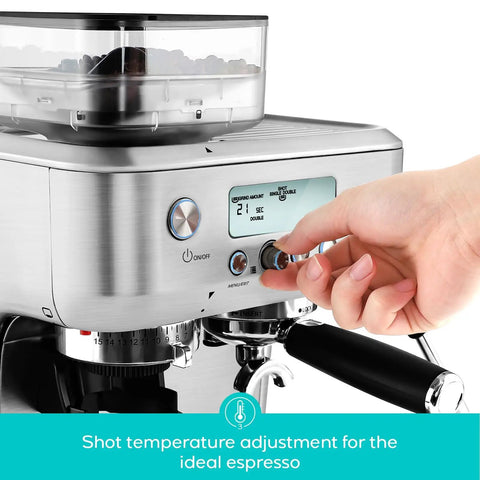 Daily Grind Premium Stainless Steel Espresso Machine With Reliable Built In Grinder And Manual Steam Wand For Killer Lattes and Effortless Morning Rituals At Home, showing controls and bean reservoir.