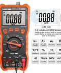 Auto Ranging Digital Multimeter For DIYers With 6000 Counts For AC DC Voltage And Current Resistance Capacitance Diode Test NCV Duty Cycle And Type K Thermocouple Probe showing LCD screen display and features.