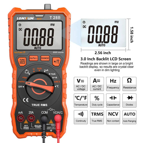 Auto Ranging Digital Multimeter For DIYers With 6000 Counts For AC DC Voltage And Current Resistance Capacitance Diode Test NCV Duty Cycle And Type K Thermocouple Probe showing LCD screen display and features.