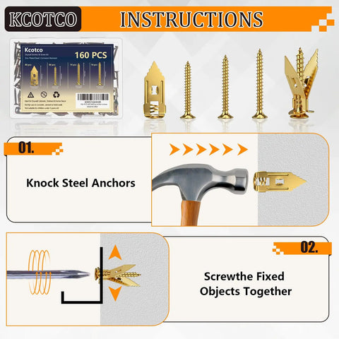 Heavy Duty Self Drilling Drywall Anchors And Screws Kit instructions with hammer and steel anchors