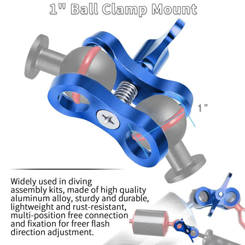 Two Hole 1 Inch Aluminum Underwater Camera Clamp Ball Mount Set for Dive Light Arms and Camera Trays Saltwater Resistant Bracket