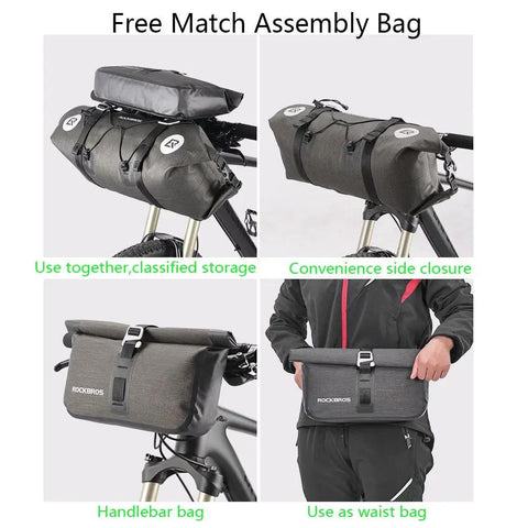 Waterproof Handlebar Bag Set for Bikepacking, shown on bike and as waist bag, featuring dual roll-top bags with 600D nylon and TPU.