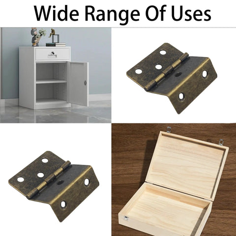Snazzy Antique Bronze Three Folding Hinges 43mm Wide 2Pcs Decorative Cabinet Door Hardware on a wooden box and cabinet door.