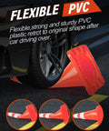 Car driving over 6 Pack 28 Inch Traffic Cones With Reflective Collar For Parking Lots And Driving Training Durable PVC Heavy Duty Safety Cones With Handles Highly Visible Day And Night showing flexibility