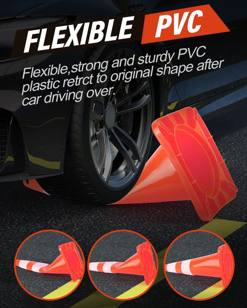 Car driving over 8 Pack 28 Inch Traffic Cones With Highly Visible Reflective Collar Orange Safety Cones With Handles Heavy Duty PVC