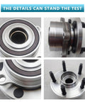 Collage of four views of 512460 Front and Rear Wheel Hub Bearing Assembly Without ABS For 2011 To 2019 Ford Explorer And 2013 To 2019 Ford Police SUV Five Lug Two Piece Plug And Play Direct Fit OE Replacement Keeps Your Ride Quiet And Smooth.