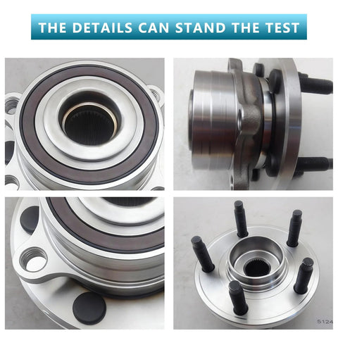 Collage of four views of 512460 Front and Rear Wheel Hub Bearing Assembly Without ABS For 2011 To 2019 Ford Explorer And 2013 To 2019 Ford Police SUV Five Lug Two Piece Plug And Play Direct Fit OE Replacement Keeps Your Ride Quiet And Smooth.